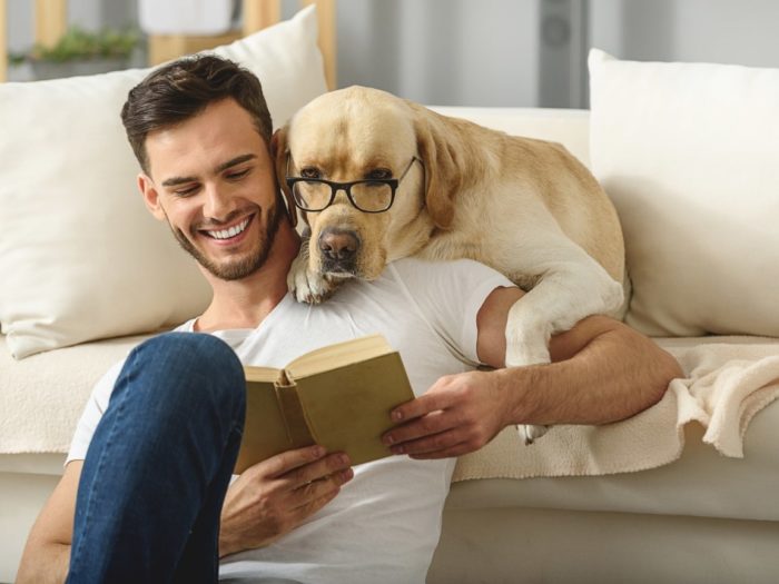 Dog reading a book with its owner