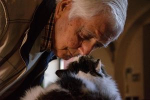 A senior man touching noses with his pet cat