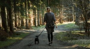 A woman walking her little dog out in nature on a path through the woods